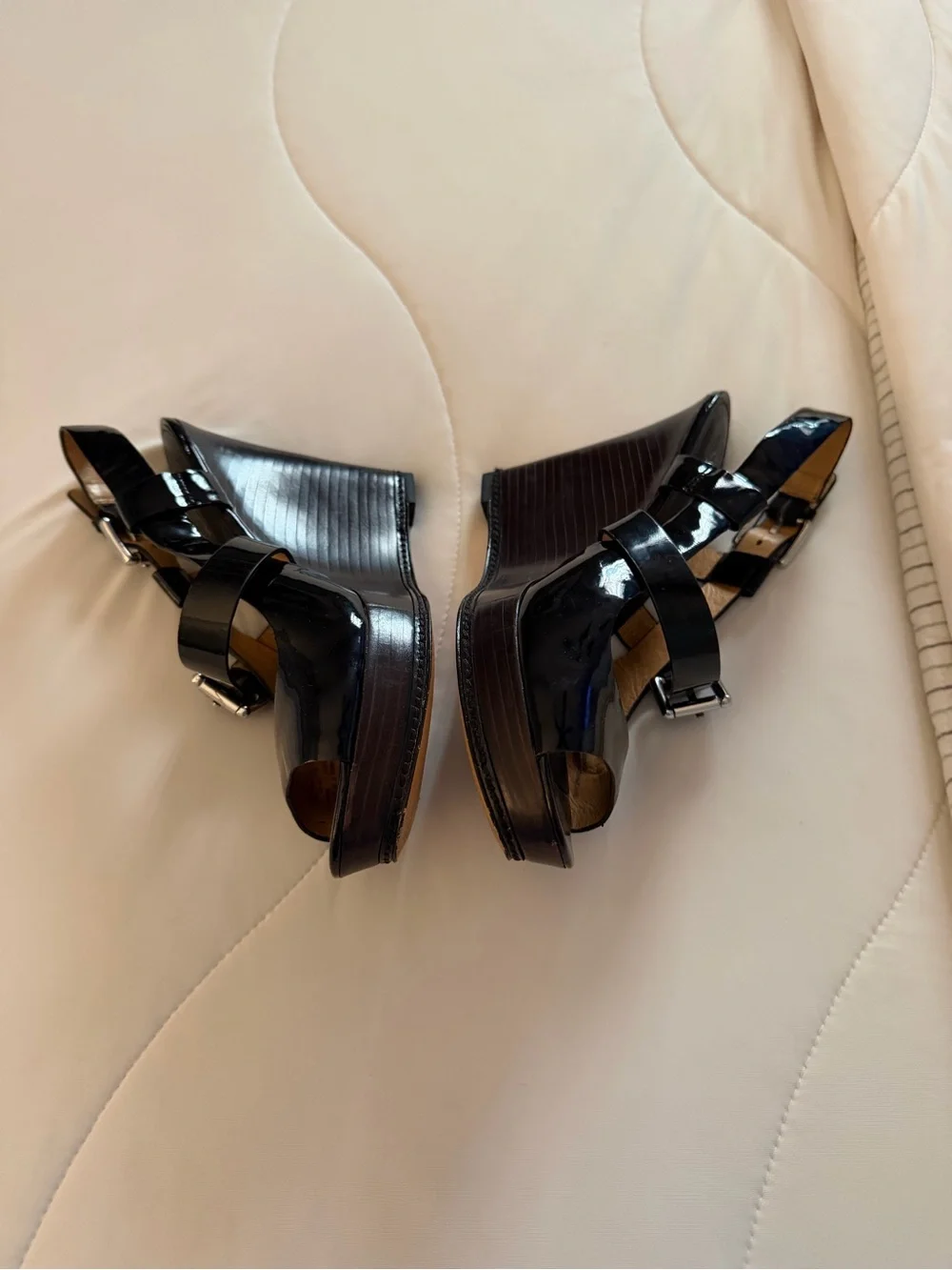 Coach Black Patent Leather Wedge Sandals with Silver Buckles
